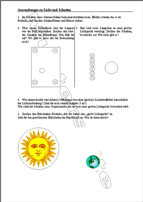 Anwendungen zu Licht und Schatten Arbeitsblätter Physik Optik