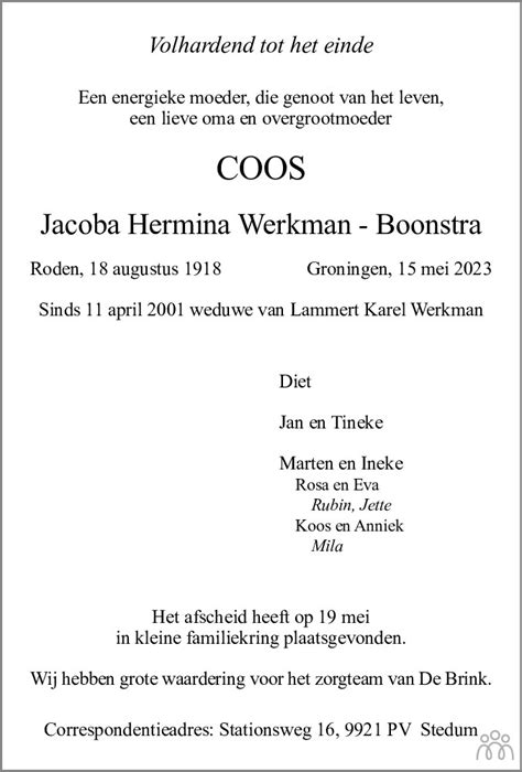 Coos Jacoba Hermina Werkman Boonstra Overlijdensbericht En