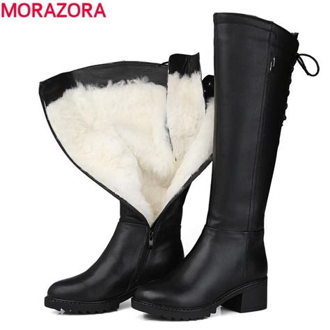 Morazora Russia 2018 Genuine Leather Boots Wool Fur Fashion Knee High