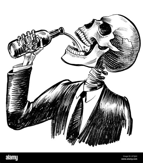 Human Skeleton Drinking Alcohol Ink Black And White Drawing Stock