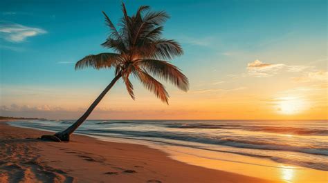 AI generated Solitary Palm Tree Shadow Over Unspoiled Beach at Sunrise