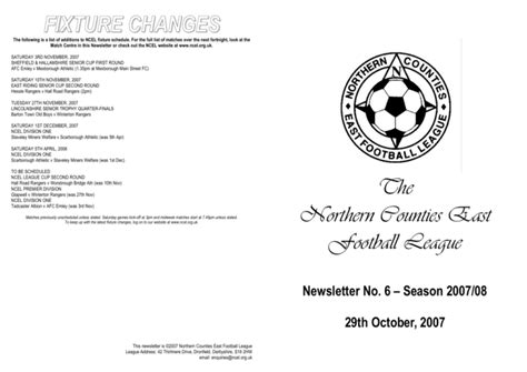 FIXTURE CHANGES The Northern Counties East Football League