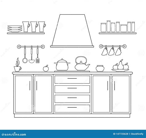 Vector Linear Interior The Scheme Of The Kitchen Stock Vector