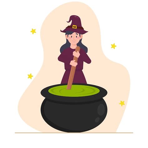 Premium Vector Halloween Witch With Pot Of Potion Cute Cartoon Vector