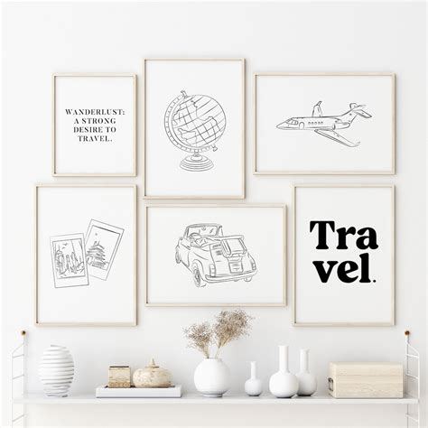 Travel Gallery Wall Set, Travel Prints, Wanderlust Wall Art, Airplane Line Drawing, Black and ...