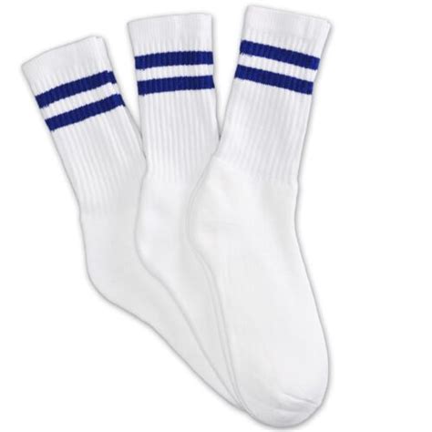 12 Pairs 1 Dozen Crew White Socks With 2 Blue Stripes Classic Retro Old