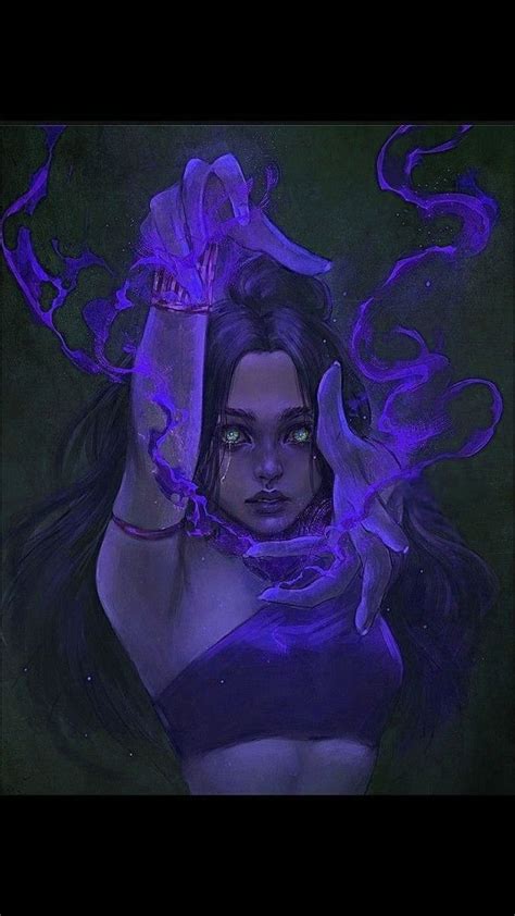 A Painting Of A Woman With Purple Hair And Green Eyes Holding Her Hands