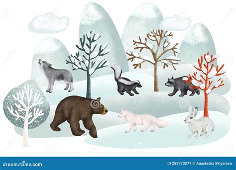 Illustration of Woodland Animals in Winter Forest Landscape Stock ...