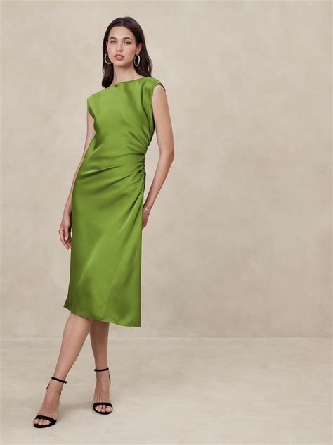 Shirred Side Satin Midi Dress Banana Republic Factory