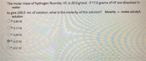 Solved The molar mass of hydrogen fluoride, HF, is 20.00 | Chegg.com