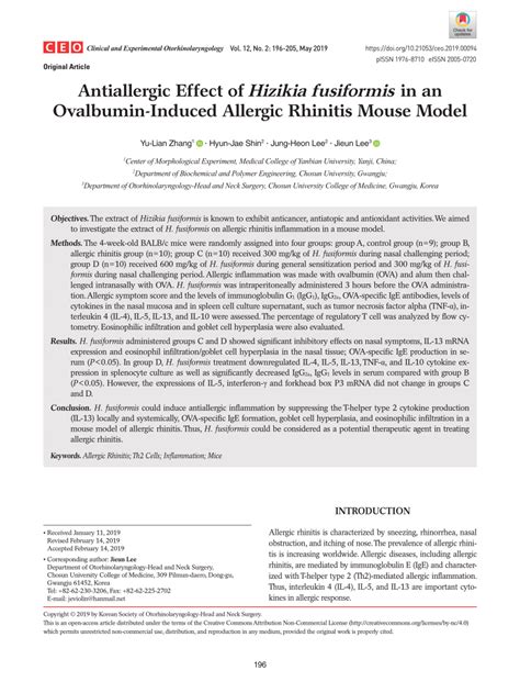 Pdf Antiallergic Effect Of Hizikia Fusiformis In An Ovalbumin Induced