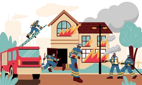 Premium Vector Firefighters At Burning House Fireman Characters