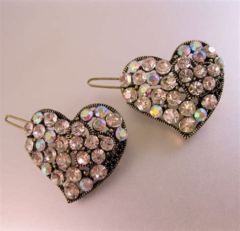 Two Heart Shaped Rhinestone Hair Clips In Gold Tone Metal Etsy