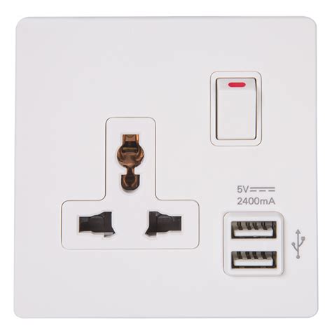 Domus 1 Gang Switched Universal Socket With 2 USB Ports 13A 250V