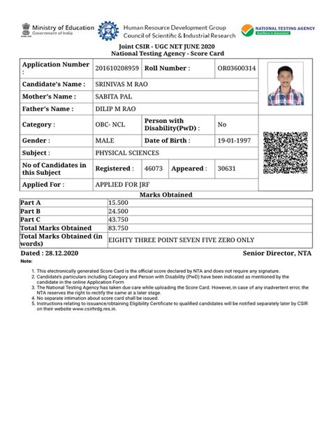 Joint Csir - Ugc Net June 2020 National Testing Agency - Score Card | PDF