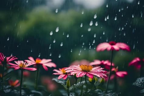 Premium Photo | A rainy day with pink flowers and rain drops.