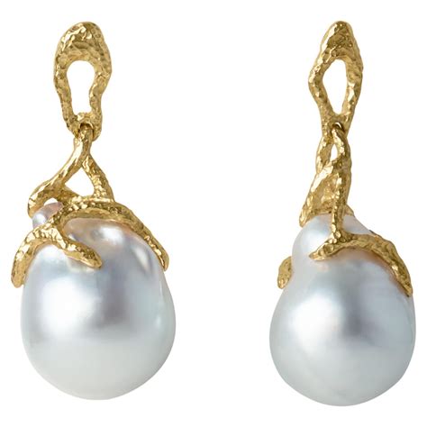 Diana Kim England White Baroque South Sea Pearl Earrings With Fancy 18k