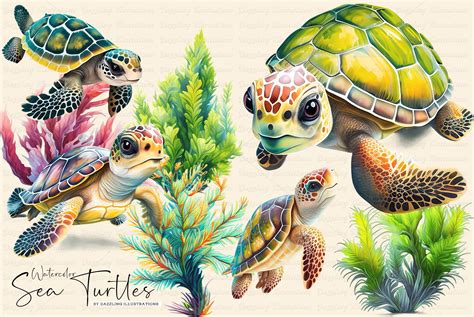 Colorful Watercolor Sea Turtles - Design Cuts