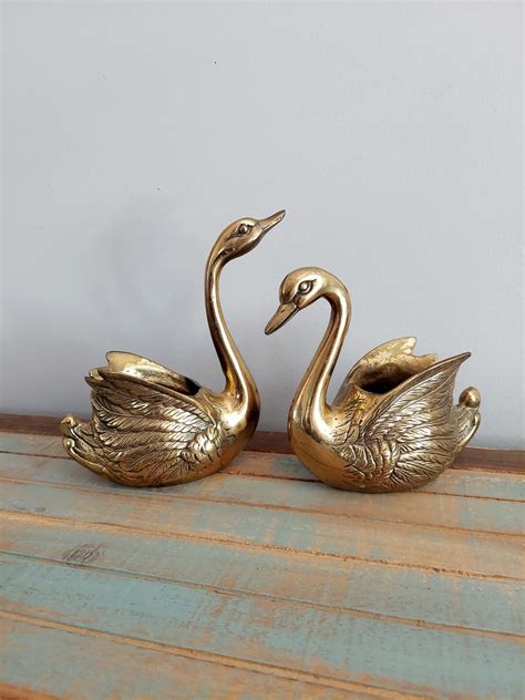 Mid Century Vintage Brass Swan Planters Set Of Two Etsy