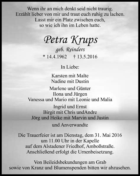 Traueranzeigen Von Petra Krups Trauer In Nrw De