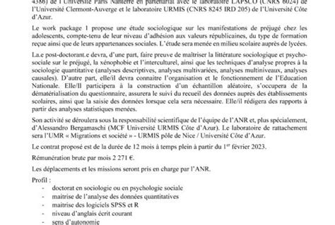 Appel à candidatures contrat postdoctoral 12 mois 100 projet ANR