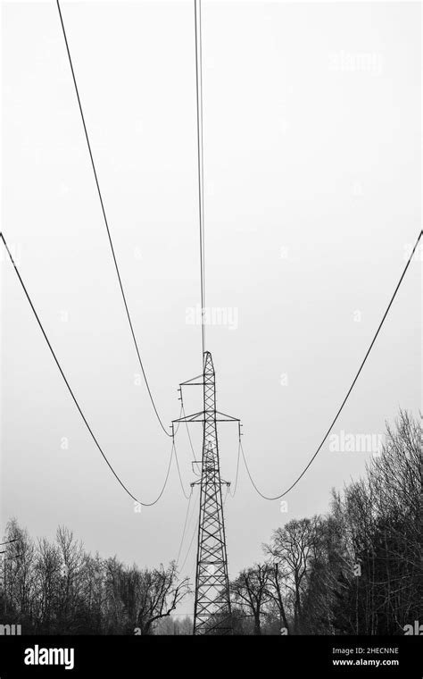 High Voltage Power Transmission Line Pylon With Power Cables Stock