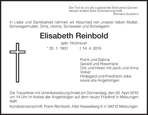 Traueranzeigen Von Elisabeth Reinbold Trauer Hna De