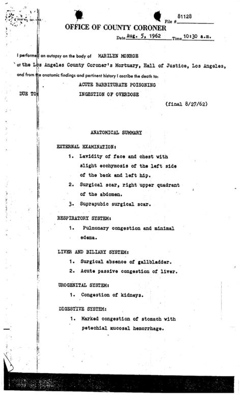 Marilyn Monroe Autopsy Report - Presley Collectibles