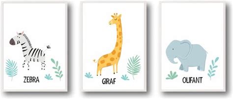 Poster Kinderkamer Zebra Giraffe En Een Olifant Set Van