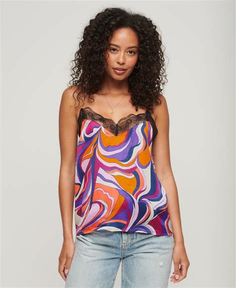 Womens Lace Trim Satin Cami Top In Presley Multi Colour Superdry Uk