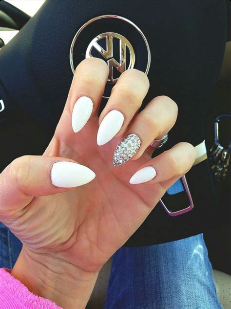 White Almond Shape Acrylic Nails W Rhinestones White 4784 Hot Sex Picture