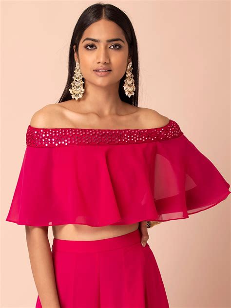 Buy Indya Women Pink Off Shoulder Mirror Work Ruffled Bardot Crop Top