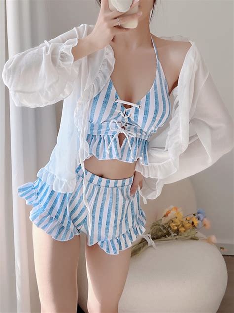 Striped White Blue Pattern Women Summer Bikini Two Piece Swimsuit Sugarplum Y2k Coquette