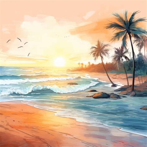 Premium AI Image | Tropical Sunrise Beach Painting Hand Drawn Watercolor Illustration