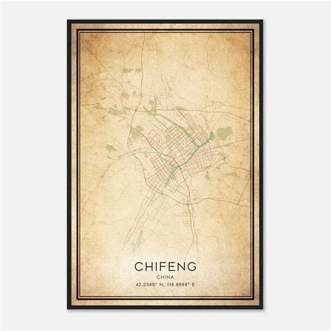 Vintage Chifeng China Map Poster, Chifeng City Road Wall Art Print - Custom Maps & Posters