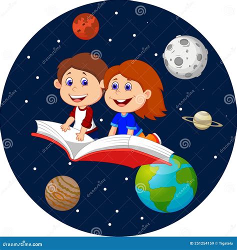 Dibujos Animados De Ni Os Felices Volando En Un Libro En El Espacio