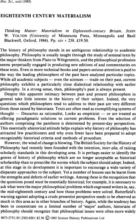 Essay Review Eighteenth Century Materialism Thinking Matter