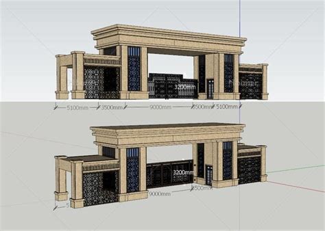 某新古典风格详细完整的两个小区大门设计su模型 Sketchup模型库 毕马汇 Nbimer