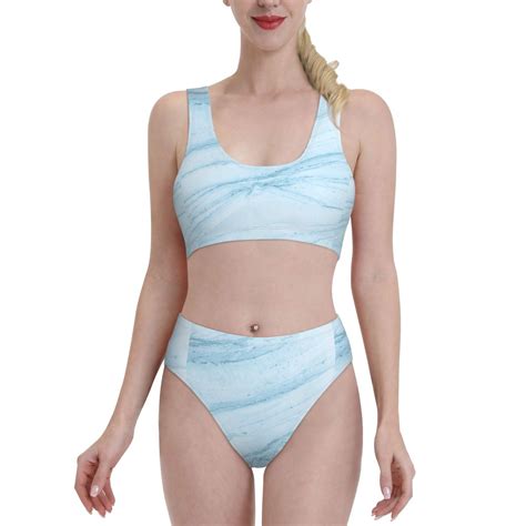 Lukts Women High Waisted Bikini Set Light Blue Marble Swimsuit Piece