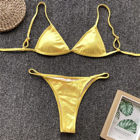 Triangle En Cuir Doré Bikini 2024 Thong Mini Bikini Set Reflective Push Up Swimsuit Baignage