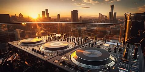 Dj Equipment At Sunset On The City Crowd In The Style Of Cityscape