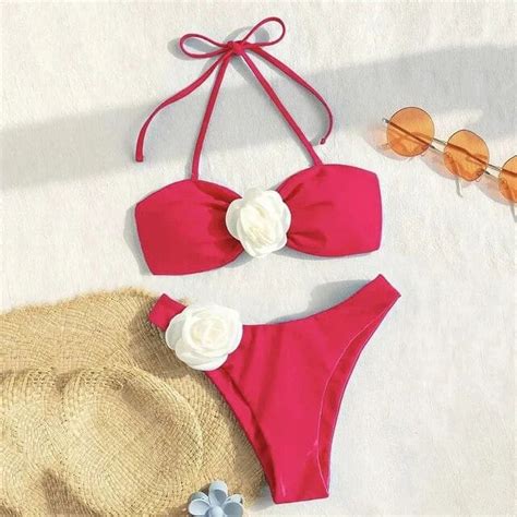 Sexy Flower Bandeau Swimwear Thong Bikini Women Lace Up Swimsuits