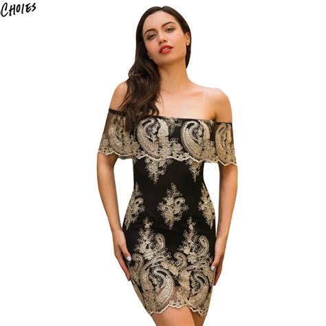 Black and Gold Off Shoulder Floral Embroidery Bodycon Mini Dress Women ...