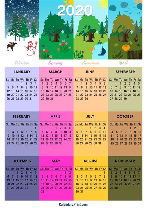 2020 Calendar Printable Free 4 Seasons Calendar Sunday Start