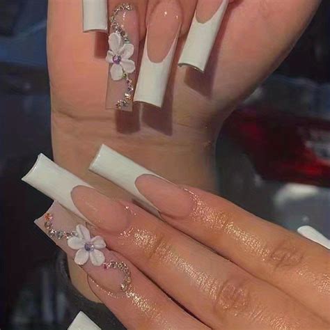 Long Ballerina Press On Nails Nude Coffin Fake Nails With White Floral Designs And Rhinestones