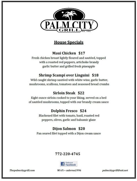 Menu at Palm City Grill pub & bar, Palm City