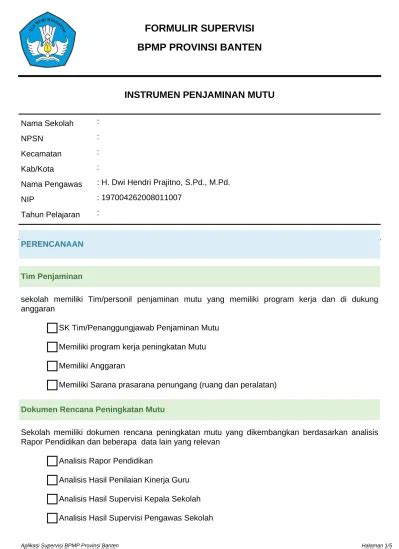 CONTOH FORMULIR INSTRUMEN PENJAMINAN MUTU