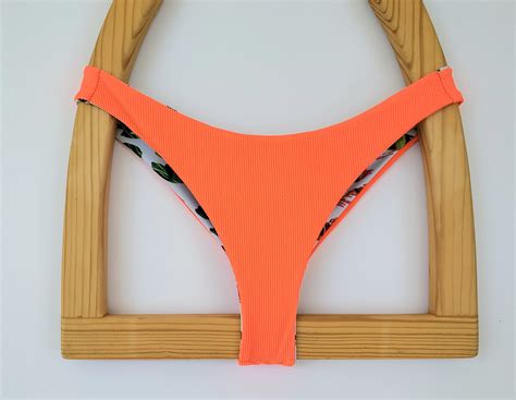 Neon Orange Brazilian Thong Bikini Bottom Reversible Bathing Etsy