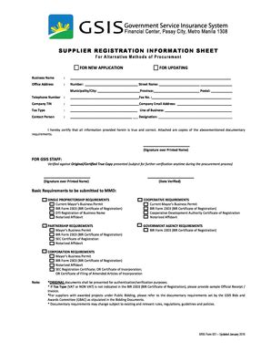 Fillable Online Supplier Registration Information Sheet Gsis Fax