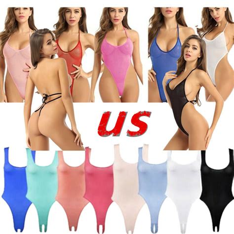 US Womens Mesh Sheer See Through Lingerie Bodysuit High Cut Thong Teddy Leotard EBay